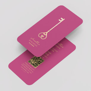 Carte De Visite Agent immobilier Elegant Pink Gold Key Moderne