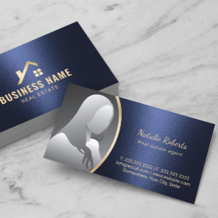 Carte De Visite Agent immobilier Gold House Logo Marine Blue Photo