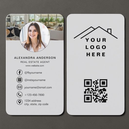 Carte de visite Agent Immobilier Gray QR Code Phot