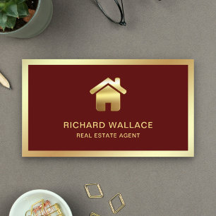 Carte De Visite Agent Immobilier Logo Maison Feuille D'Or Rouge