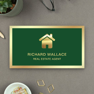 Carte De Visite Agent Immobilier Logo Maison Feuille Or Verte