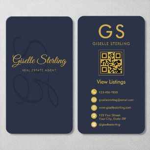 Carte De Visite Agent immobilier Marine Blue Gold QR Code Monogram