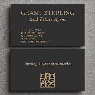 Carte De Visite Agent immobilier Minimaliste Black Gold QR Code