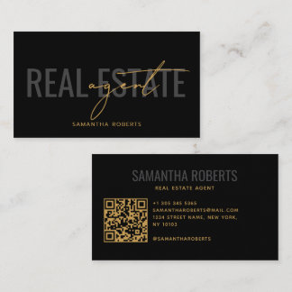 Carte De Visite Agent immobilier moderne Code QR or noir