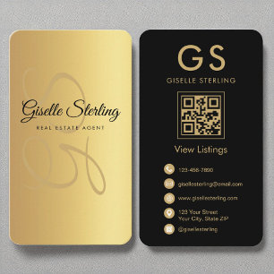Carte De Visite Agent immobilier Monogram Gold Black QR Code
