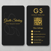 Carte De Visite Agent immobilier Monogramme Black Gold QR Code