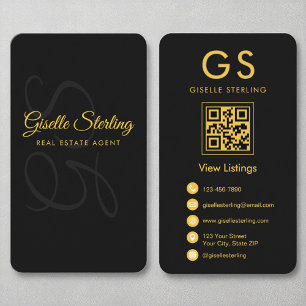 Carte De Visite Agent immobilier Monogramme Black Gold QR Code