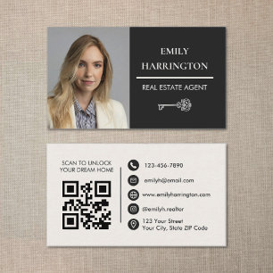 Carte De Visite Agent Immobilier Neutre Code QR Clé Classique