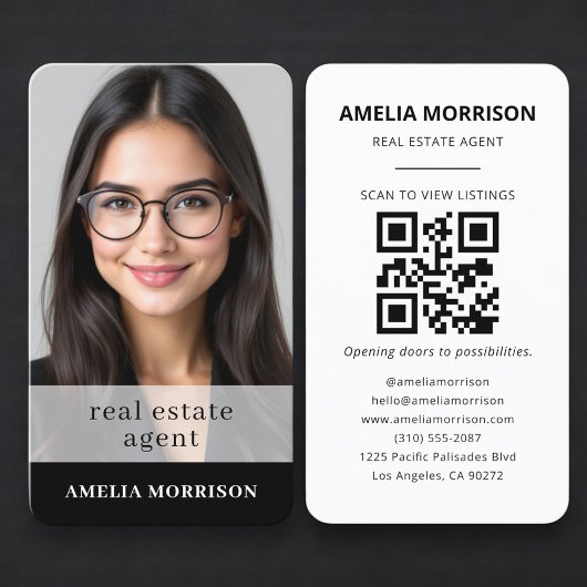 Carte de visite Agent Immobilier Noir Blanc QR Cod