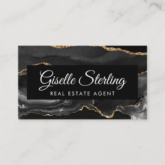 Carte De Visite Agent immobilier QR Code Black Gold Agate Luxe (Devant)