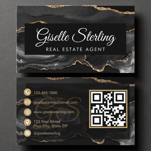 Carte De Visite Agent immobilier QR Code Black Gold Agate Luxe
