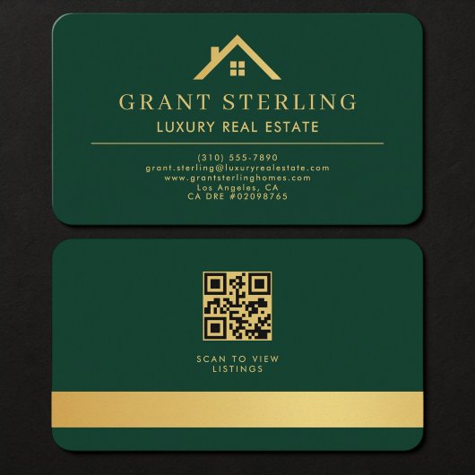 Carte de visite Agent Immobilier Vert Or QR Code