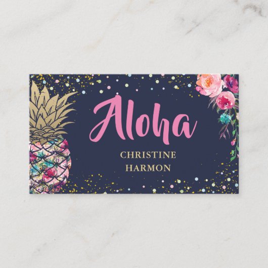 Carte De Visite Aiguille rose Tropical Floral Navy Bleu (Devant)