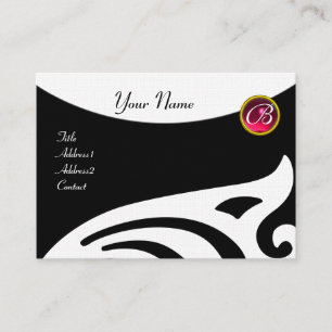 Carte De Visite AILES STYLÉES MONOGRAMME, RUBIS ROUGE, lin fuchsia