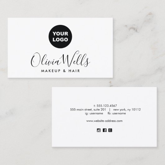 Carte De Visite Ajouter Logo Signature Script White Social Media (Devant / Derrière)