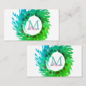 Carte De Visite Ajouter une couronne de Noël vert rose monogramme (Devant / Derrière)