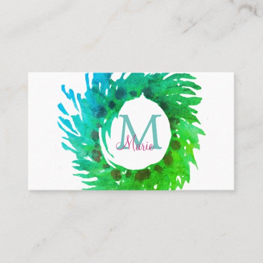 Carte De Visite Ajouter une couronne de Noël vert rose monogramme (Devant)
