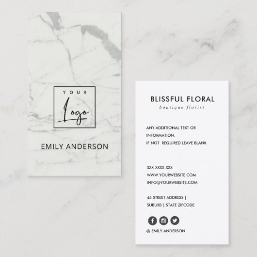 CARTE DE VISITE AJOUTER VOTRE LOGO MINIMAL MARBRE TEXTURE PROFESSI (Devant / Derrière)