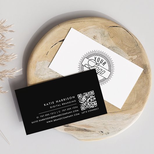Carte De Visite Ajouter votre logo Modern Minimal noir & blanc QR 