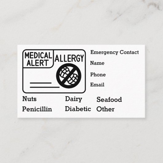 Carte De Visite Alerte Médicale Allergy Urgence Personnaliser (Devant)