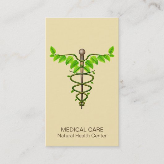 Carte De Visite Alternative Médicale Caduceus Vert Feuilles Beige (Devant)