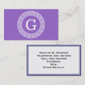 Carte De Visite Améthyste Wht Cadre Rnd Clé Grecque Monogramme Ini (Devant / Derrière)