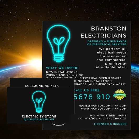 Carte De Visite Ampoule Neon, Électricien