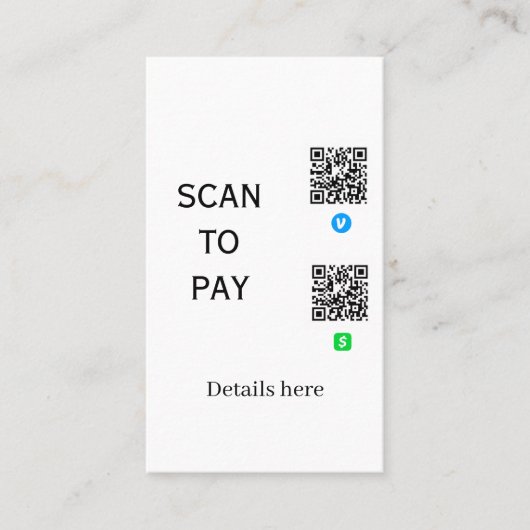 Carte De Visite analyser pour payer les détails du code QR de Venm (Devant)