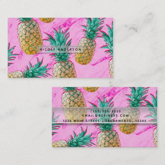 Carte De Visite Ananas Tropical & Marbre Rose Chic Bright (Devant / Derrière)