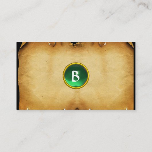 CARTE DE VISITE ANCIEN PARCHEMENT BROWN, PIERRE VERTE, MONOGRAMME (Dos)