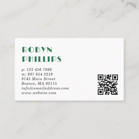 Carte De Visite Anémones blanches vert Rétro Police QR Code (Dos)