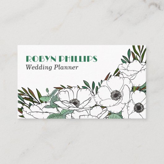 Carte De Visite Anémones blanches vert Rétro Police QR Code (Devant)