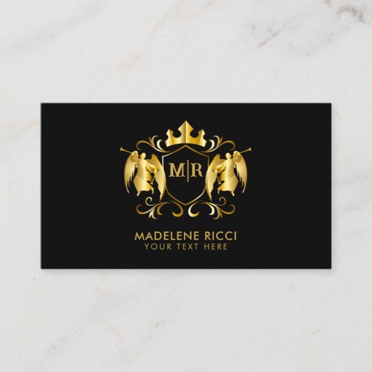 Carte De Visite Angels Crest | Luxuriante Gold Initial en noir (Devant)