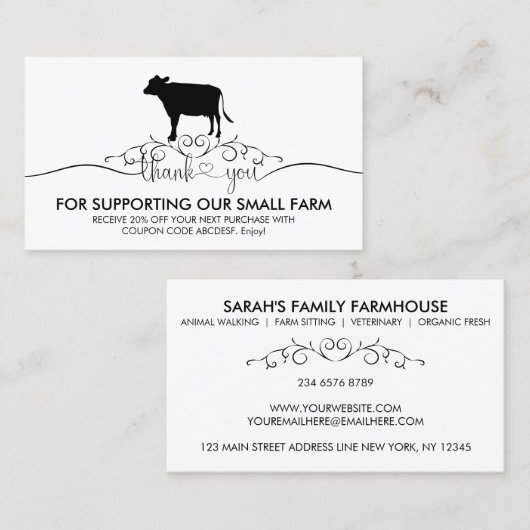 Carte De Visite Animal de ferme Vache vétérinaire Merci (Devant / Derrière)