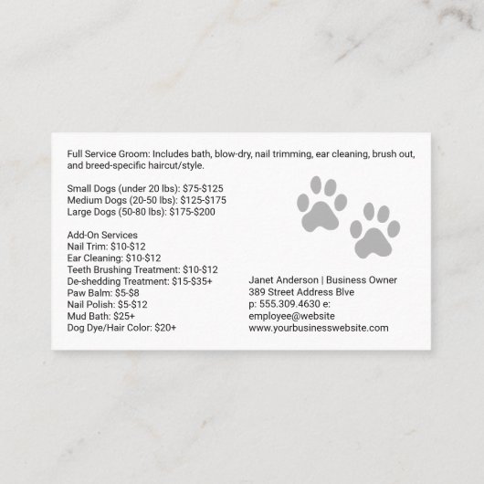 Carte De Visite Animal Groomer Working on Pets (Dos)