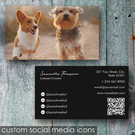 Carte De Visite Animal Pet Influencer Full Photo QR Code noir