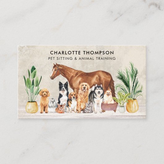 Carte De Visite Animaux assis chien chat Cheval Boho Aquarelle Ani (Devant)