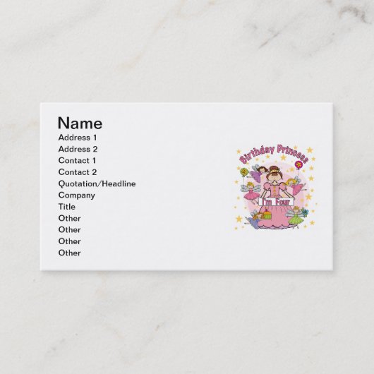 Carte De Visite Anniversaire Princesse Je suis quatre t-shirts et  (Devant)