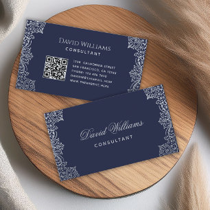 Carte De Visite Antique Marine Bleu QR Code Vintage Élégant Script