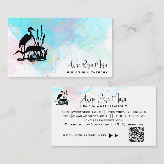 Carte De Visite *~* AP46 QR Ethereal Beach Marsh Elegant Herons (Devant / Derrière)