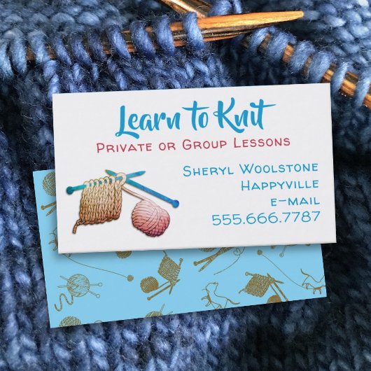 Carte De Visite Apprendre à Knit Needles Yarn Tricots leçons