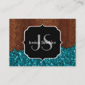 Carte De Visite Aqua bleu étincelle bois brun rustique Monogramme (Dos)