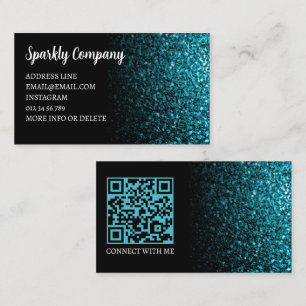 Carte De Visite Aqua bleu faux scintillant noir élégant code QR