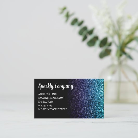 Carte De Visite Aqua bleu Ombre faux scintillant noir élégant code (Debout devant)