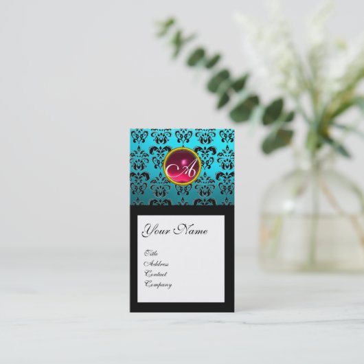 CARTE DE VISITE AQUA BLUE BLACK DAMASK CARRÉ RUBY GEM MONOGRAM (Debout devant)
