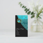 Carte De Visite AQUA BLUE DAMASK GEMSTONE MONOGRAS Turquoise noir (Debout devant)