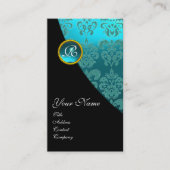 Carte De Visite AQUA BLUE DAMASK GEMSTONE MONOGRAS Turquoise noir (Devant)