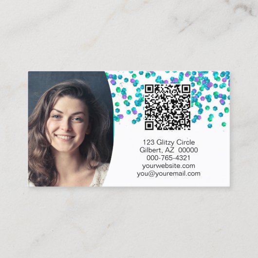 Carte De Visite Aqua Purple Sequins grand texte NAILS QR Code (Dos)