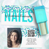 Carte De Visite Aqua Purple Sequins grand texte NAILS QR Code
