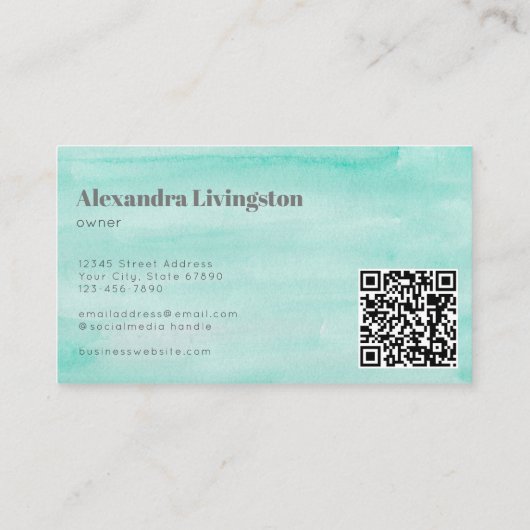 Carte De Visite Aqua Seafoam Vert Aquarelle Abstraite QR Code (Dos)